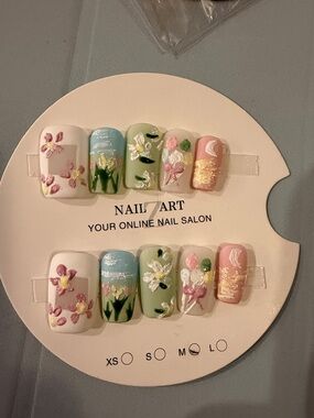 Pink, blue, and green Hand painted acrylic press on nail